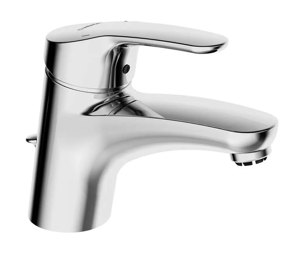 Einhebelmischer in verchromter Ausführung von HANSA. Das Design zeigt eine moderne, minimalistische Form mit einem flachen Griff und einer klaren Wasserabgabeöffnung.